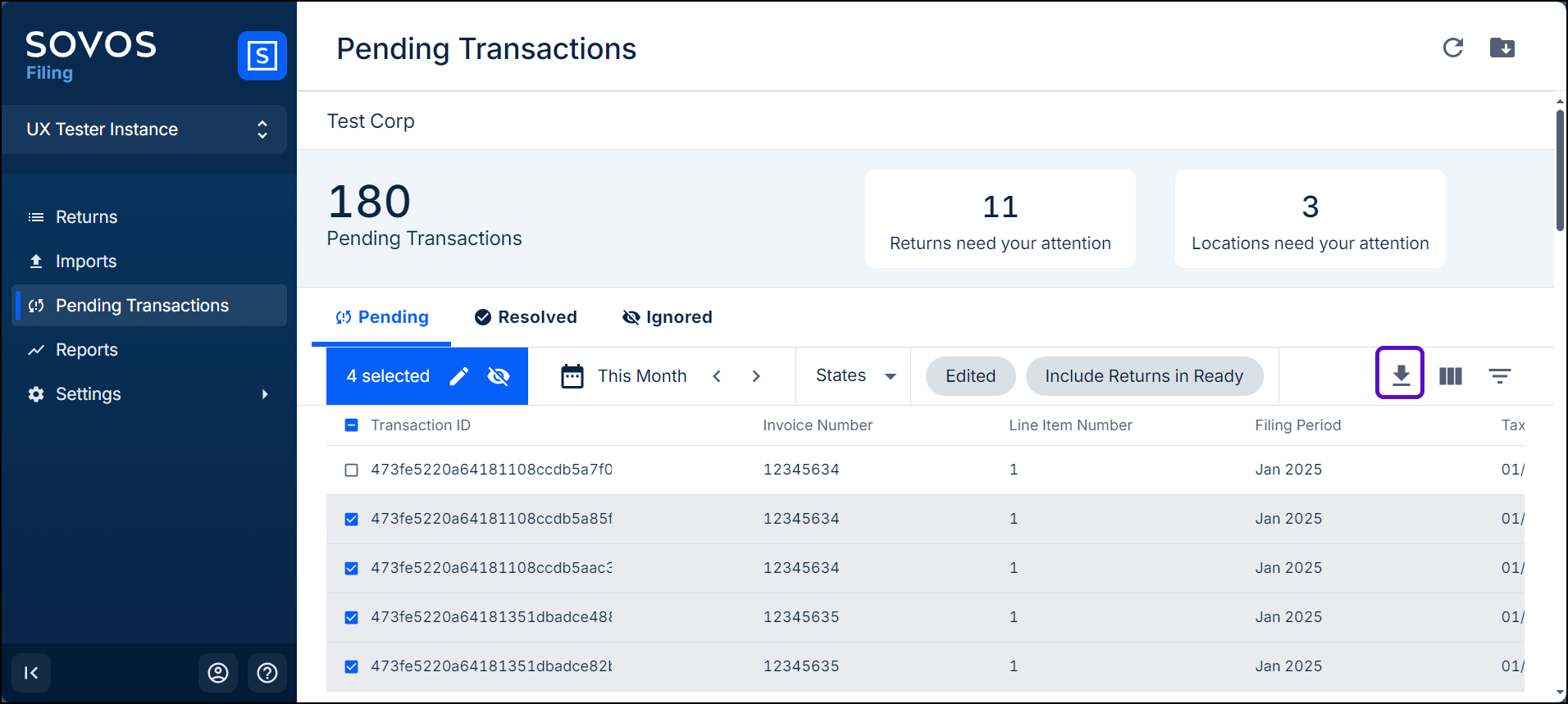 The Pending Transactions page. Four transactions are selected and the Download icon is highlighted.