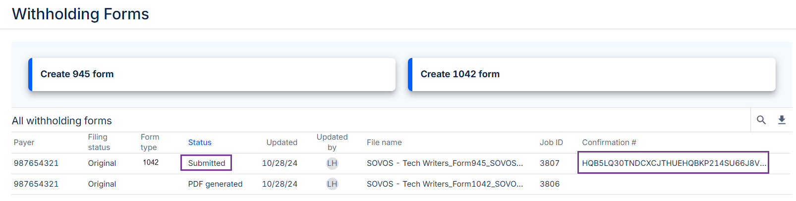 The Submitted status and Confirmation number are highlighted.